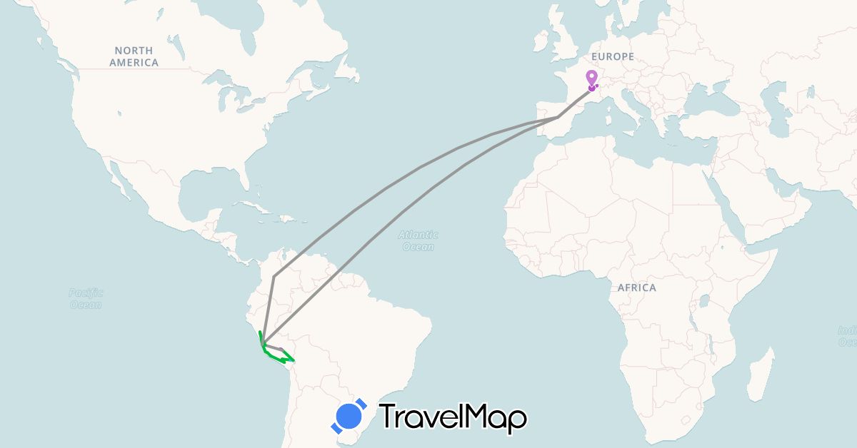 TravelMap itinerary: driving, bus, plane, train, hiking, boat, motorbike in Switzerland, Colombia, Spain, France, Peru (Europe, South America)